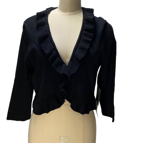 Jones Wear Dress‎ Black Crop L Ruffled Cardigan Sweater NWT Holiday Party - Picture 1 of 11